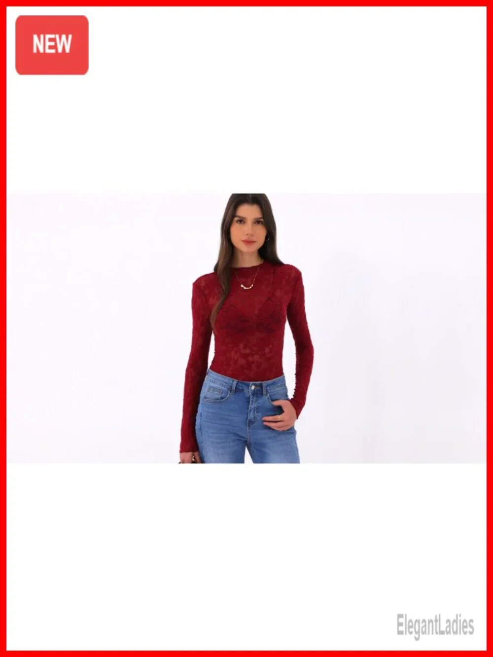 Mesh Long Sleeve Top Sheer See Through Crew Neck Lace Floral